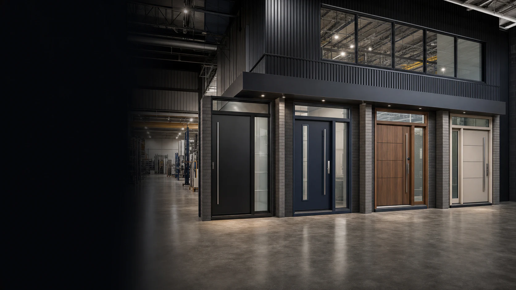 A collection of custom steel and fiberglass entrance systems displayed beside a large production facility