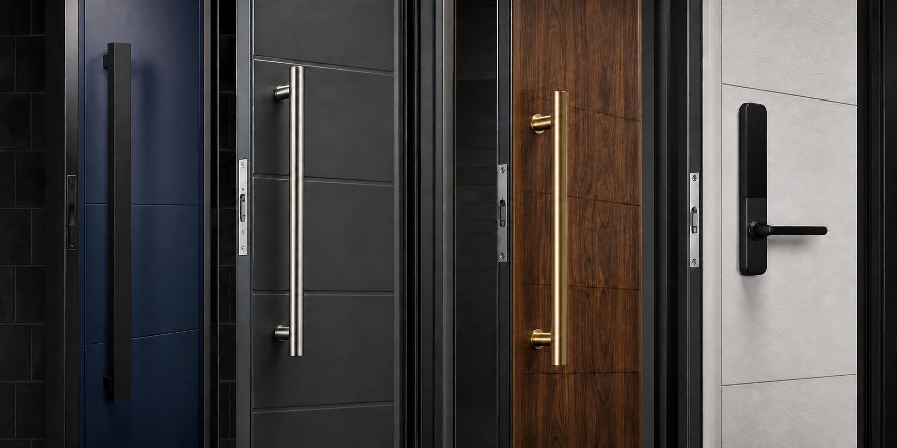 Modern pull handles and entry hardware shown across steel and fiberglass door finishes