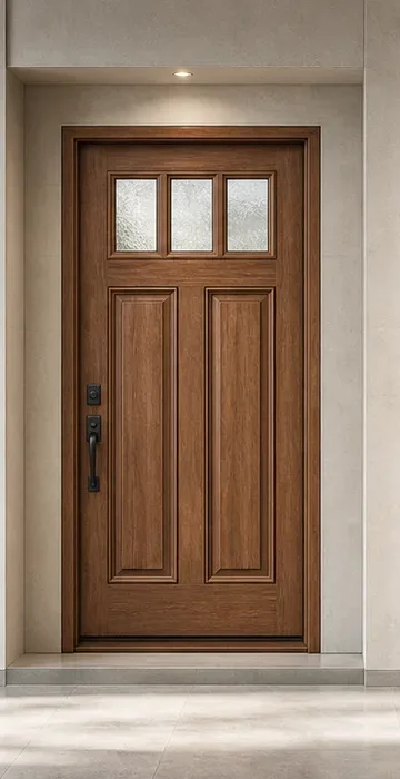 Cedar-look traditional craftsman fiberglass entrance with three upper lites