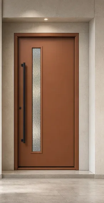 Muted copper contemporary steel entrance with offset vertical glass