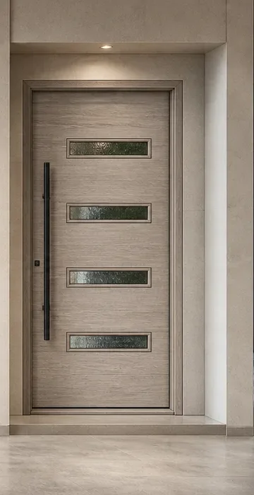 Pale-grey oak-look contemporary fiberglass entrance with horizontal glass lites