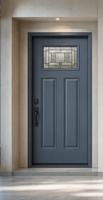 Slate-blue traditional steel entrance with raised panels and upper glass